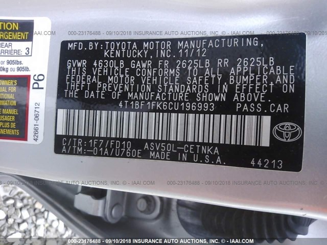4T1BF1FK6CU196993 - 2012 TOYOTA CAMRY SE/LE/XLE SILVER photo 9