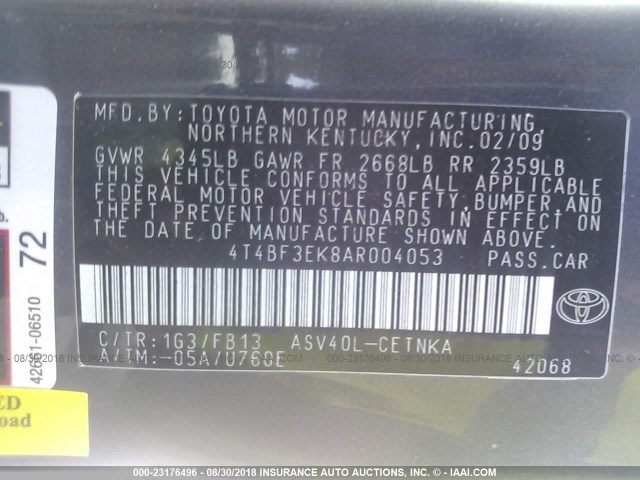 4T4BF3EK8AR004053 - 2010 TOYOTA CAMRY SE/LE/XLE 灰色 照片 9