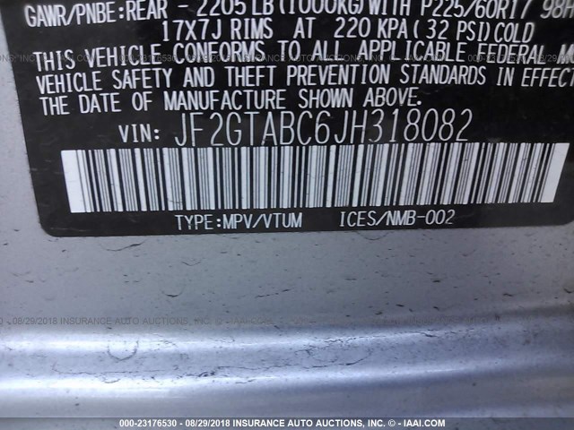 JF2GTABC6JH318082 - 2018 SUBARU CROSSTREK PREMIUM Արծաթագույն լուսանկար 9