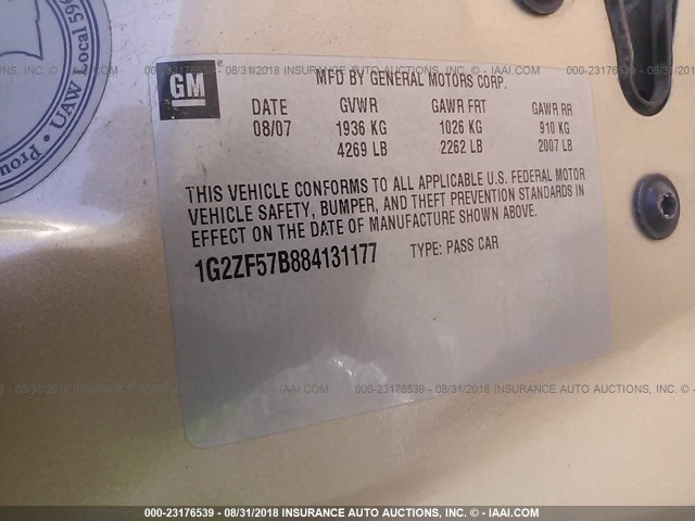 1G2ZF57B884131177 - 2008 PONTIAC G6 VALUE LEADER/BASE TAN photo 9