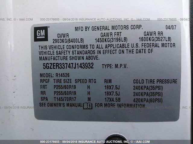 5GZER33747J143932 - 2007 SATURN OUTLOOK SPECIAL თეთრი ფოტო 9