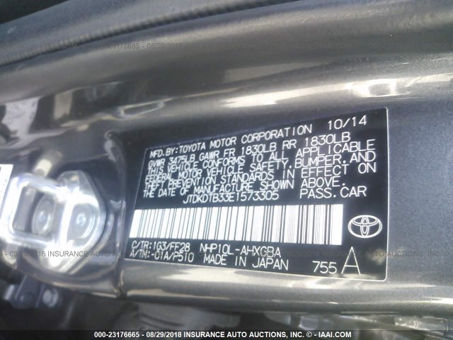 JTDKDTB33E1573305 - 2014 TOYOTA PRIUS C GRAY photo 9