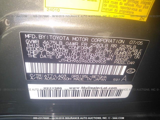 JTHCH96S960009905 - 2006 LEXUS GS GENERATION 200 300 GRAY photo 9