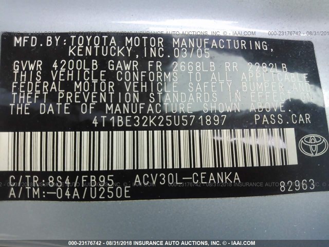 4T1BE32K25U571897 - 2005 TOYOTA CAMRY LE/XLE/SE 蓝色 照片 9