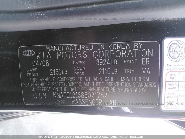 KNAFE121385021752 - 2008 KIA SPECTRA EX/LX/SX BLACK photo 9