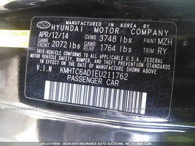 KMHTC6AD1EU211762 - 2014 HYUNDAI VELOSTER BLACK photo 9