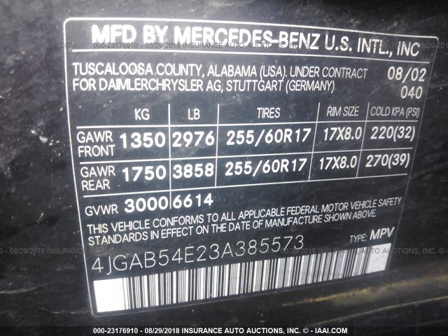 4JGAB54E23A385573 - 2003 MERCEDES-BENZ ML 320 BLACK photo 9