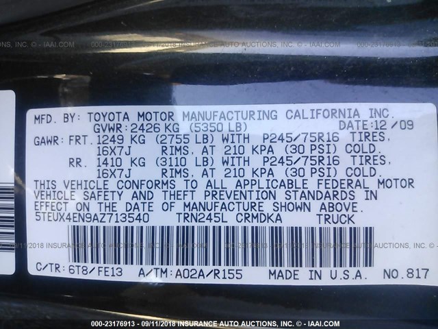 5TEUX4EN9AZ713540 - 2010 TOYOTA TACOMA ACCESS CAB Grau Foto 9