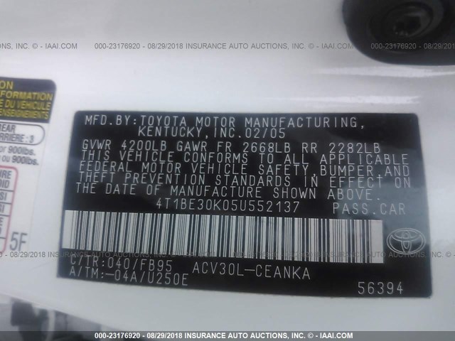 4T1BE30K05U552137 - 2005 TOYOTA CAMRY LE/XLE/SE Ağ foto 9