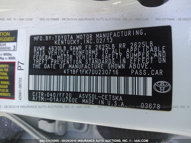 4T1BF1FK7DU230716 - 2013 TOYOTA CAMRY L/SE/LE/XLE Ağ foto 9