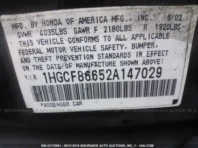 1HGCF86652A147029 - 2002 HONDA ACCORD VALUE BLUE photo 9