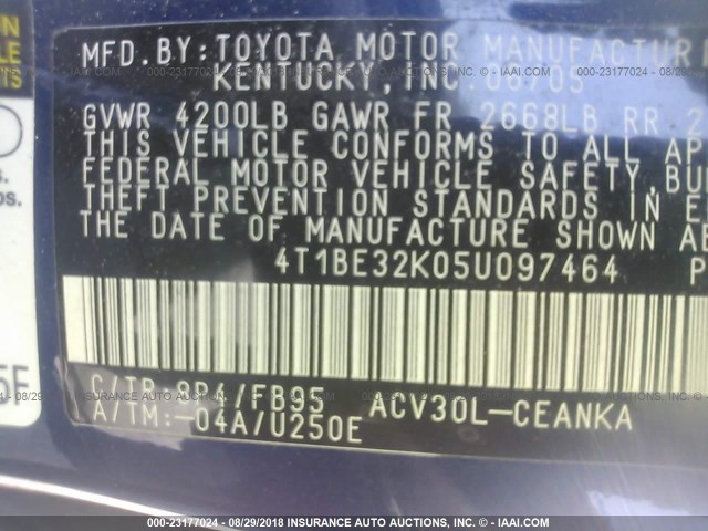 4T1BE32K05U097464 - 2005 TOYOTA CAMRY LE/XLE/SE 蓝色 照片 9