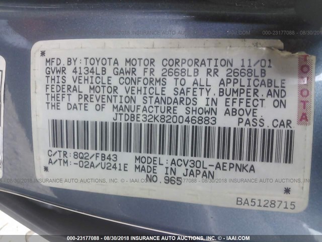 JTDBE32K820046883 - 2002 TOYOTA CAMRY LE/XLE/SE BLUE photo 9