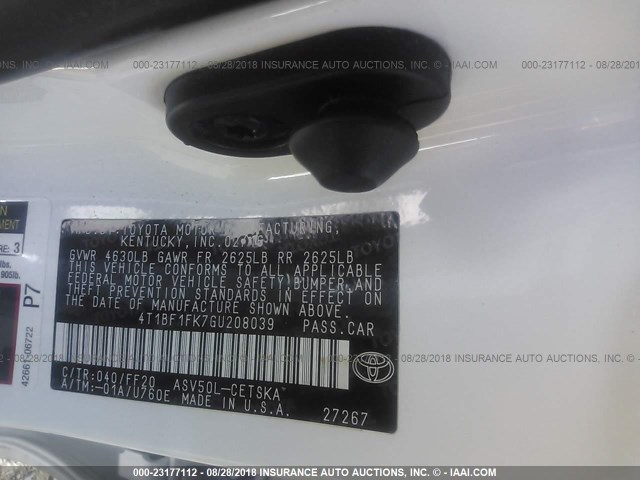 4T1BF1FK7GU208039 - 2016 TOYOTA CAMRY LE/XLE/SE/XSE 白色 照片 9