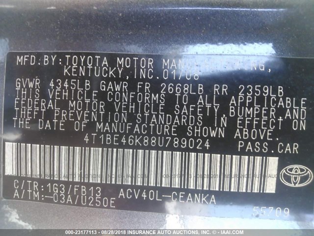 4T1BE46K88U789024 - 2008 TOYOTA CAMRY CE/LE/XLE/SE GRAY photo 9
