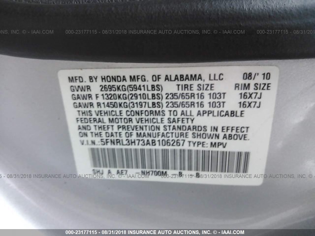 5FNRL3H73AB106267 - 2010 HONDA ODYSSEY EXL SILVER photo 9