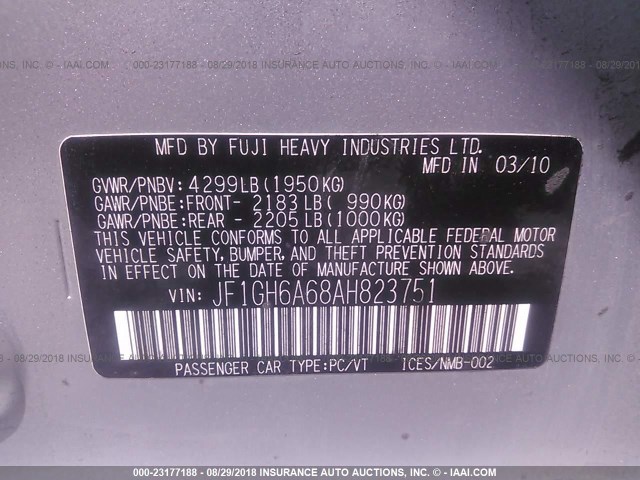 JF1GH6A68AH823751 - 2010 SUBARU IMPREZA 2.5I SILVER photo 9