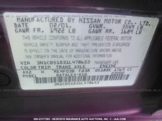 3N1CB51D31L478653 - 2001 NISSAN SENTRA XE/GXE BURGUNDY photo 9