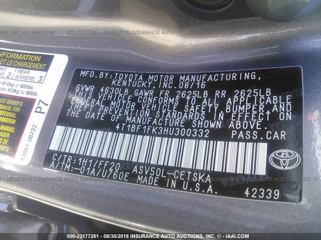 4T1BF1FK3HU300332 - 2017 TOYOTA CAMRY LE/XLE/SE/XSE 灰色 照片 9