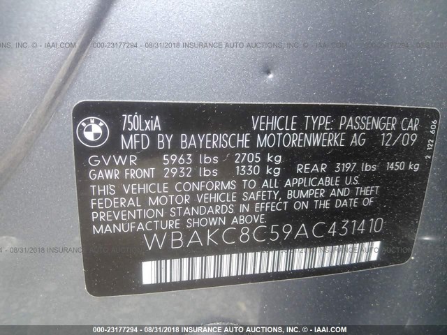 WBAKC8C59AC431410 - 2010 BMW 750 LI/XDRIVE GRAY photo 9