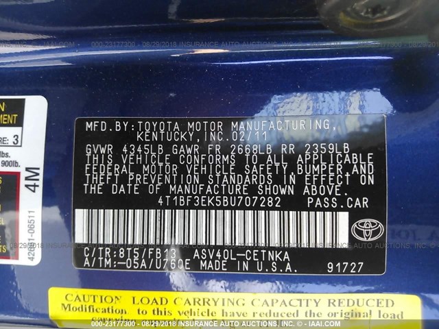 4T1BF3EK5BU707282 - 2011 TOYOTA CAMRY SE/LE/XLE ლურჯი ფოტო 9