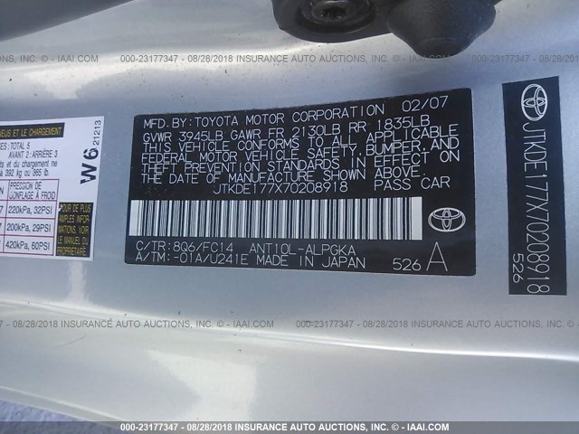 JTKDE177X70208918 - 2007 TOYOTA SCION TC 青色 照片 9