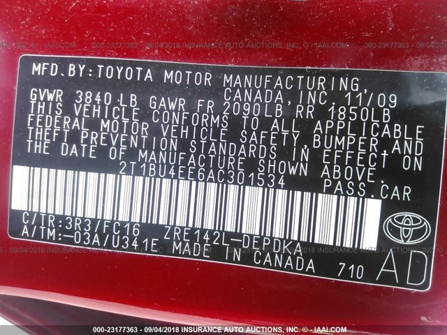 2T1BU4EE6AC301534 - 2010 TOYOTA COROLLA S/LE/XLE RED photo 9