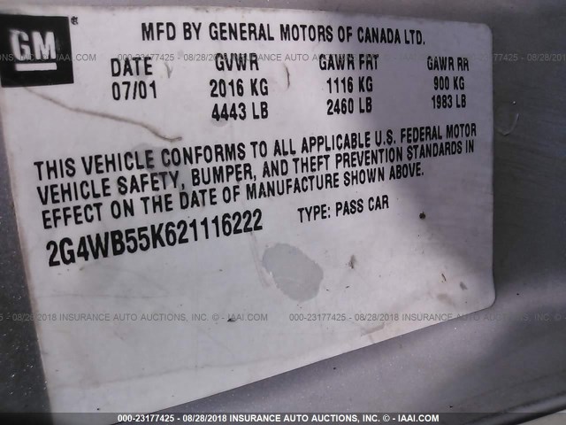 2G4WB55K621116222 - 2002 BUICK REGAL LS SILVER photo 9