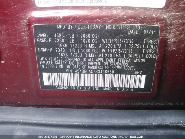 4S4BRCAC2B3436550 - 2011 SUBARU OUTBACK 2.5I MAROON photo 9