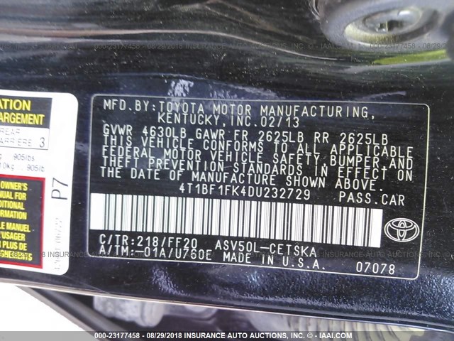 4T1BF1FK4DU232729 - 2013 TOYOTA CAMRY L/SE/LE/XLE Qara foto 9
