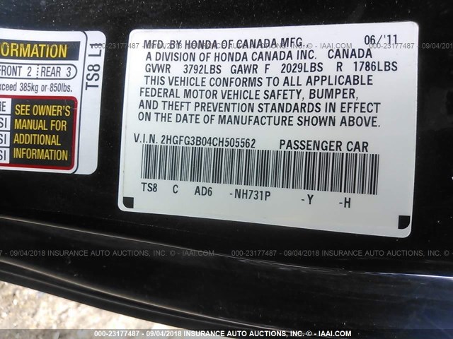 2HGFG3B04CH505562 - 2012 HONDA CIVIC EXL 黑色 照片 9