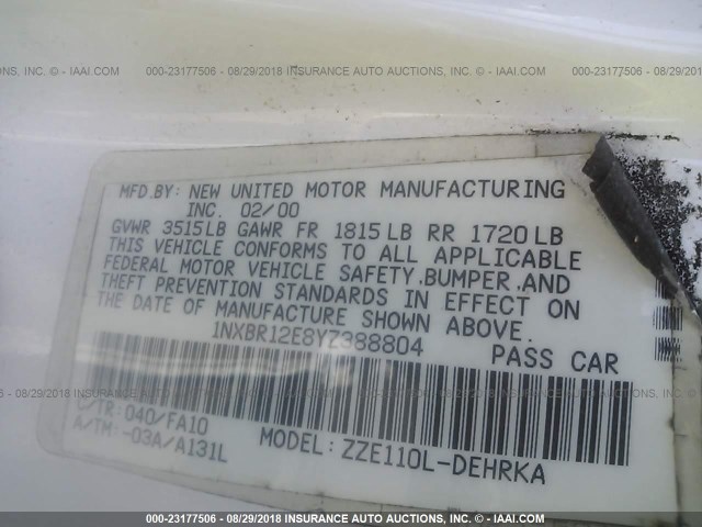 1NXBR12E8YZ388804 - 2000 TOYOTA COROLLA VE/CE/LE 白色 照片 9