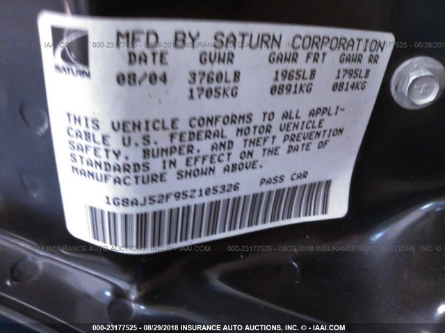 1G8AJ52F95Z105326 - 2005 SATURN ION LEVEL 2 黑色 照片 9