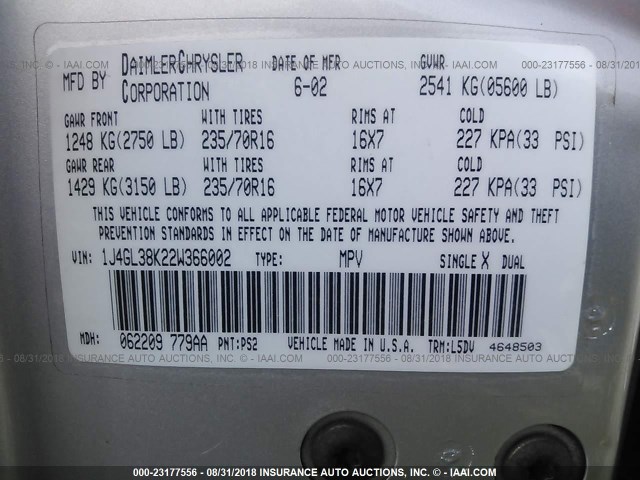 1J4GL38K22W366002 - 2002 JEEP LIBERTY RENEGADE SILVER photo 9