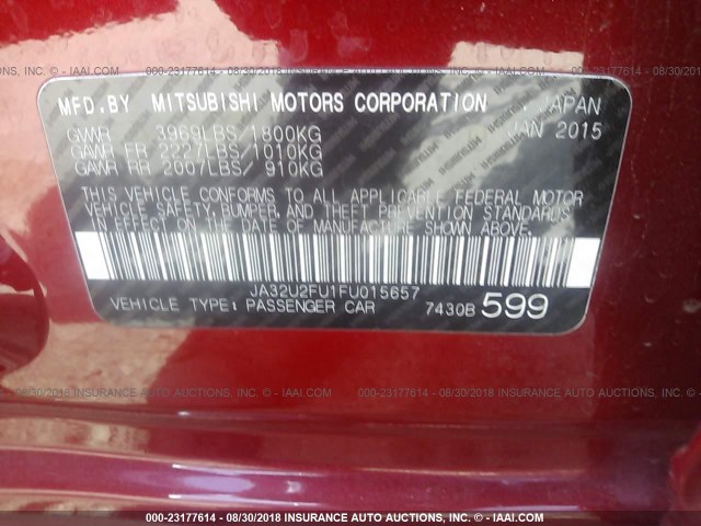 JA32U2FU1FU015657 - 2015 MITSUBISHI LANCER ES RED photo 9