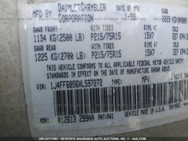 1J4FF68S6XL597272 - 1999 JEEP CHEROKEE SPORT/CLASSIC Biały zdjęcie 9