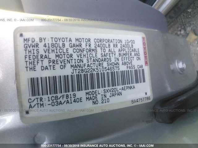 JT2BG22K510546575 - 2001 TOYOTA CAMRY CE/LE/XLE 银色 照片 9
