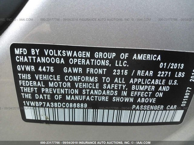 1VWBP7A38DC086889 - 2013 VOLKSWAGEN PASSAT SE SILVER photo 9