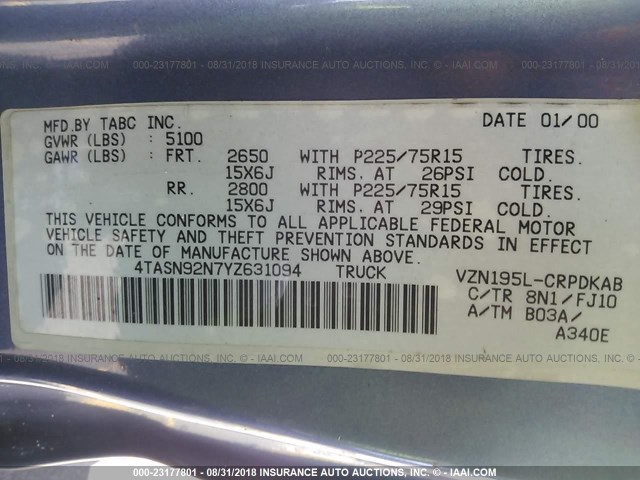 4TASN92N7YZ631094 - 2000 TOYOTA TACOMA XTRACAB PRERUNNER ლურჯი ფოტო 9