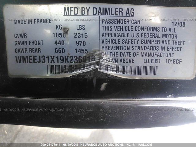 WMEEJ31X19K236918 - 2009 SMART FORTWO PURE/PASSION RED photo 9