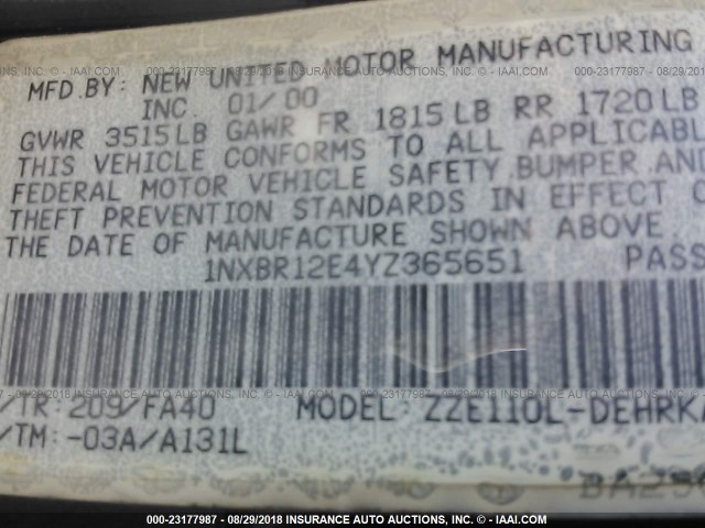 1NXBR12E4YZ365651 - 2000 TOYOTA COROLLA VE/CE/LE 黑色 照片 9