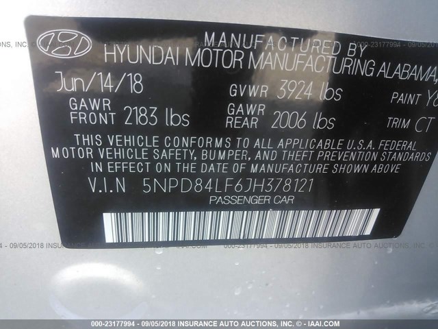 5NPD84LF6JH378121 - 2018 HYUNDAI ELANTRA SEL/VALUE/LIMITED SILVER photo 9