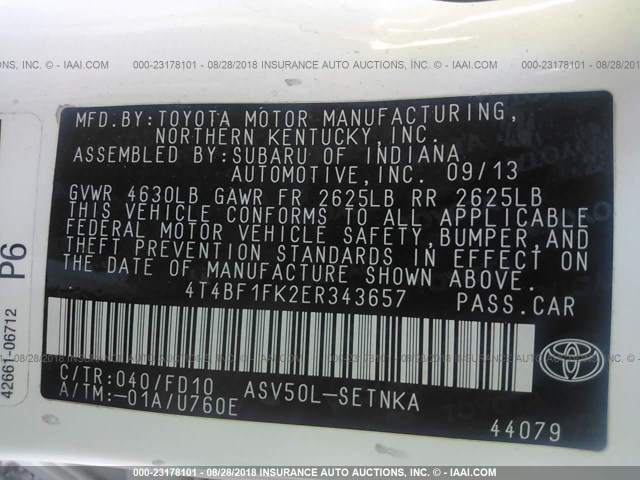 4T4BF1FK2ER343657 - 2014 TOYOTA CAMRY L/SE/LE/XLE თეთრი ფოტო 9