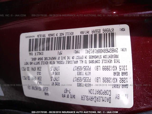 2A8GM68X88R101241 - 2008 CHRYSLER PACIFICA TOURING RED photo 9