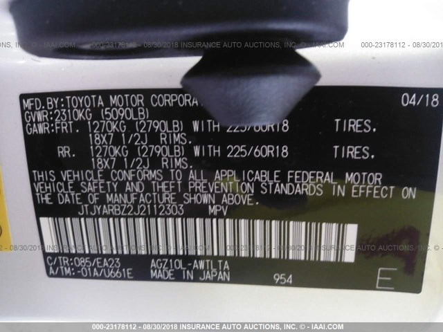 JTJYARBZ2J2112303 - 2018 LEXUS NX 300/BASE/F SPORT 白色 照片 9