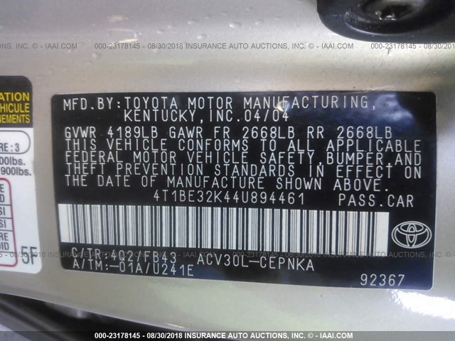 4T1BE32K44U894461 - 2004 TOYOTA CAMRY LE/XLE/SE Qızıl foto 9