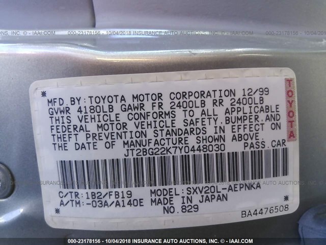 JT2BG22K7Y0448030 - 2000 TOYOTA CAMRY CE/LE/XLE 灰色 照片 9