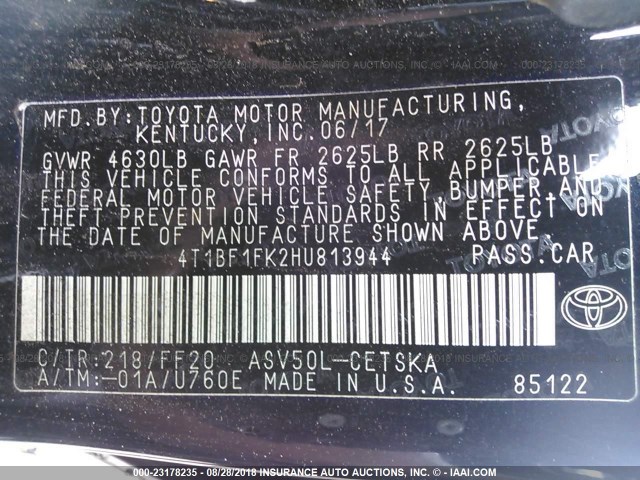 4T1BF1FK2HU813944 - 2017 TOYOTA CAMRY LE/XLE/SE/XSE 黑色 照片 9