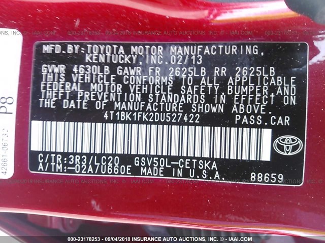 4T1BK1FK2DU527422 - 2013 TOYOTA CAMRY SE/XLE RED photo 9