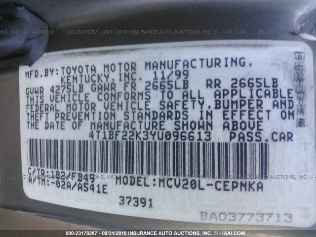 4T1BF22K3YU096613 - 2000 TOYOTA CAMRY LE/XLE GRAY photo 9